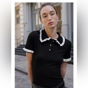 Black and White Ruffled Collar Polo Top Ribbed